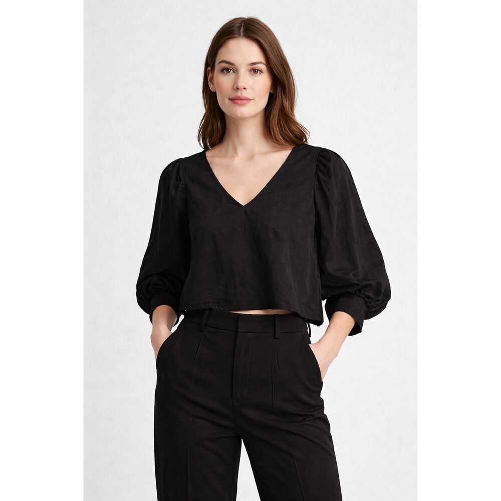 A New Day Black Puff Sleeve Crop Blouse Women’s XL V-Neck